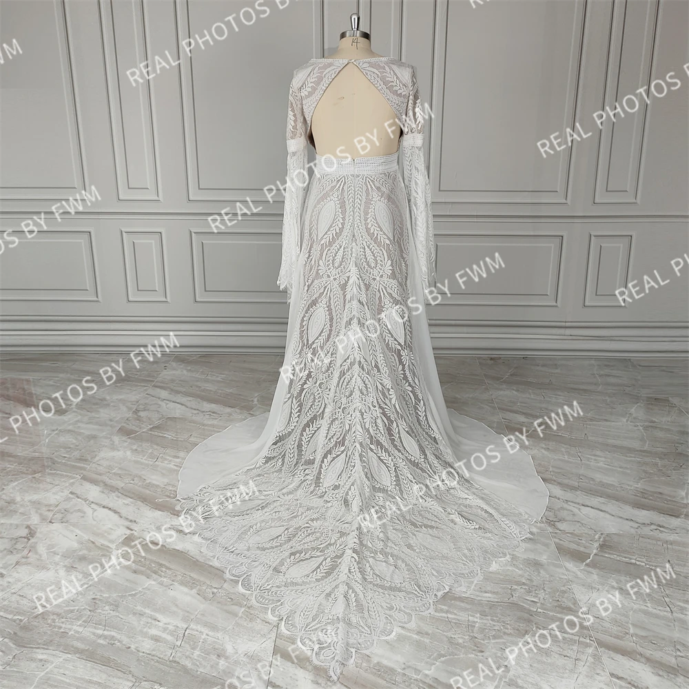 19043 #   Personalizado boho mangas alargamento vestido de casamento de renda para mulher trem varredura alta lado split com decote em v chiffon vestidos de noiva 2024