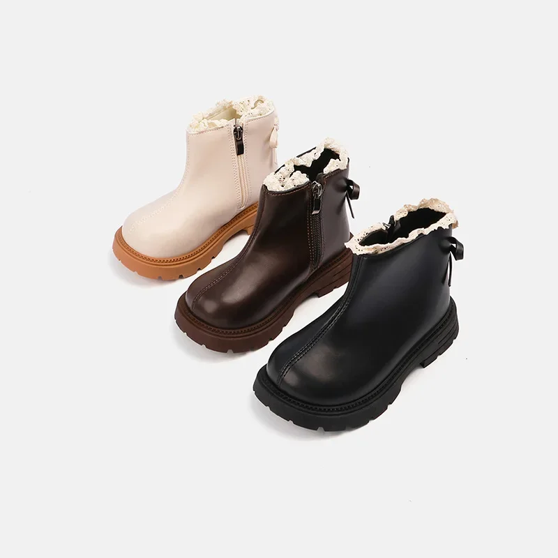 Little Girls Lace Trim Back Bow Winter Boots, PU Plush Lined Inner Zipper Thick‑Sole Warm Ankle Boots