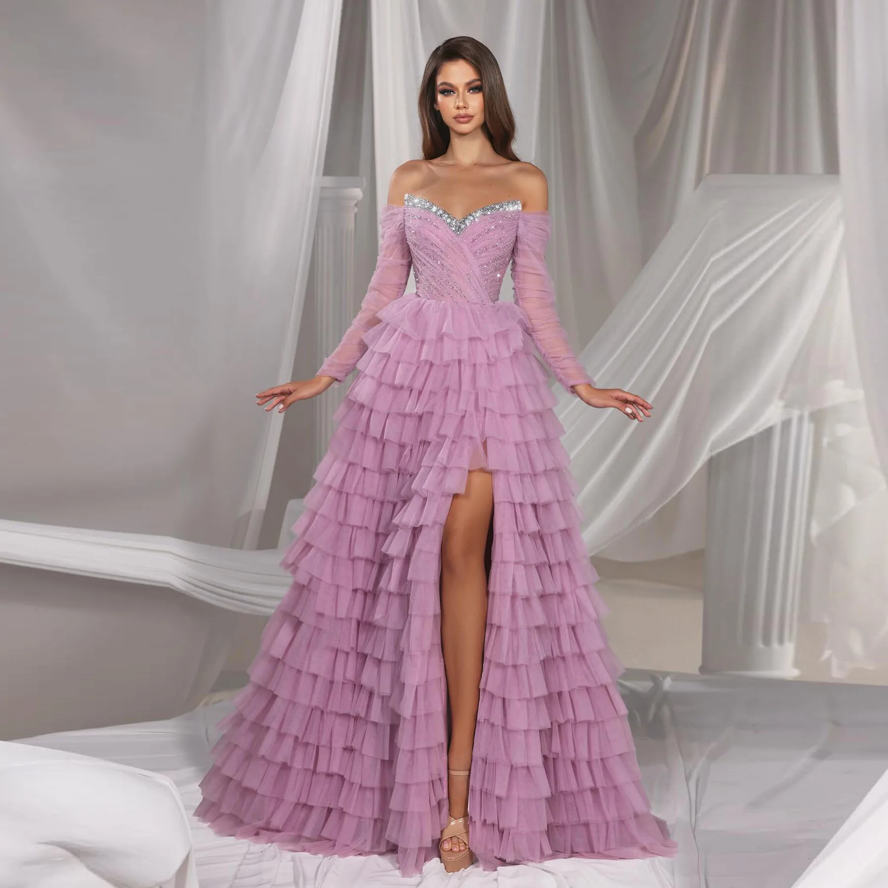 

Bling Bling Pink Fluffy Tiered Tulle Long Women Dresses To Formal Party Beaded See Thru Sleeves Split Maxi Gowns Bridal Dress