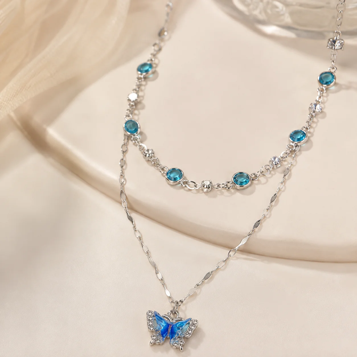 Dainty Fresh Summer Cool Double Layer Butterfly Necklace, Light Luxury Niche Spicy Girl Clavicle Chain Choker Jewelry Accessorie