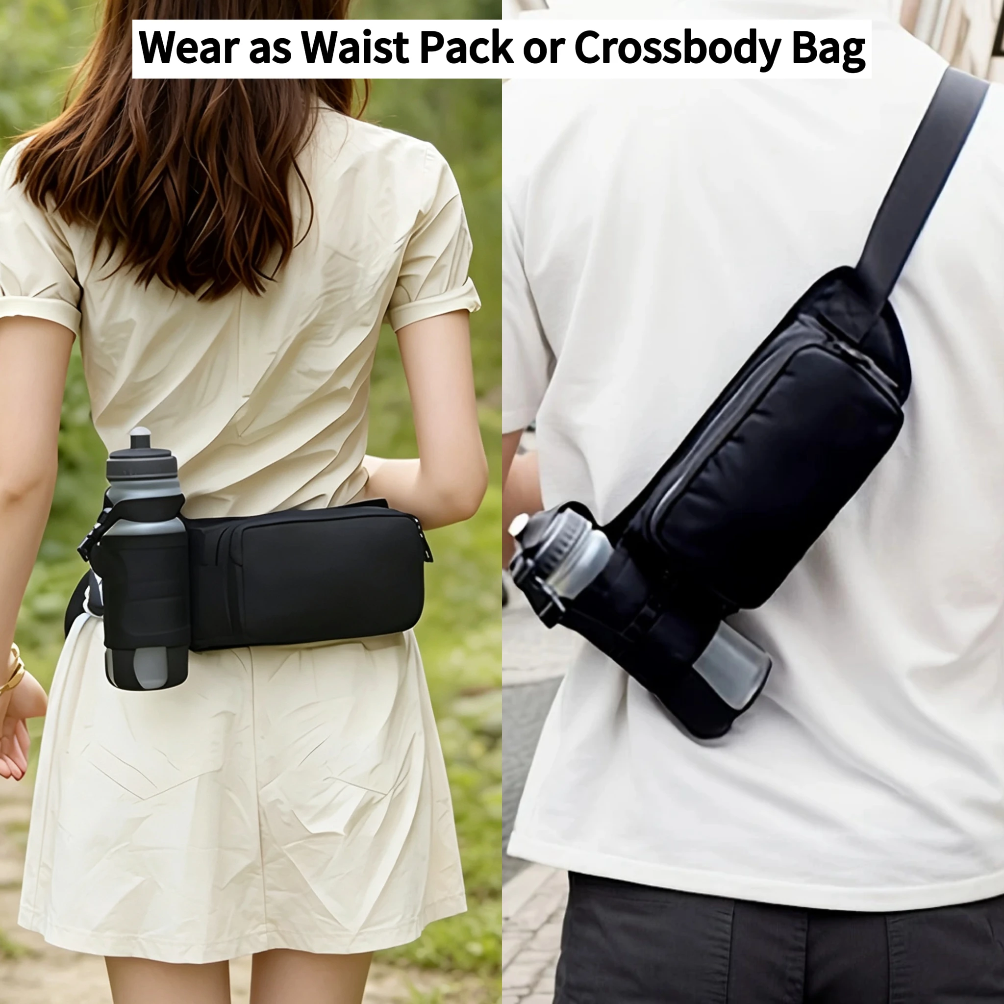 Dual-use Waterproof Waist Bag with Bottle Holder & Large Capacity Pockets