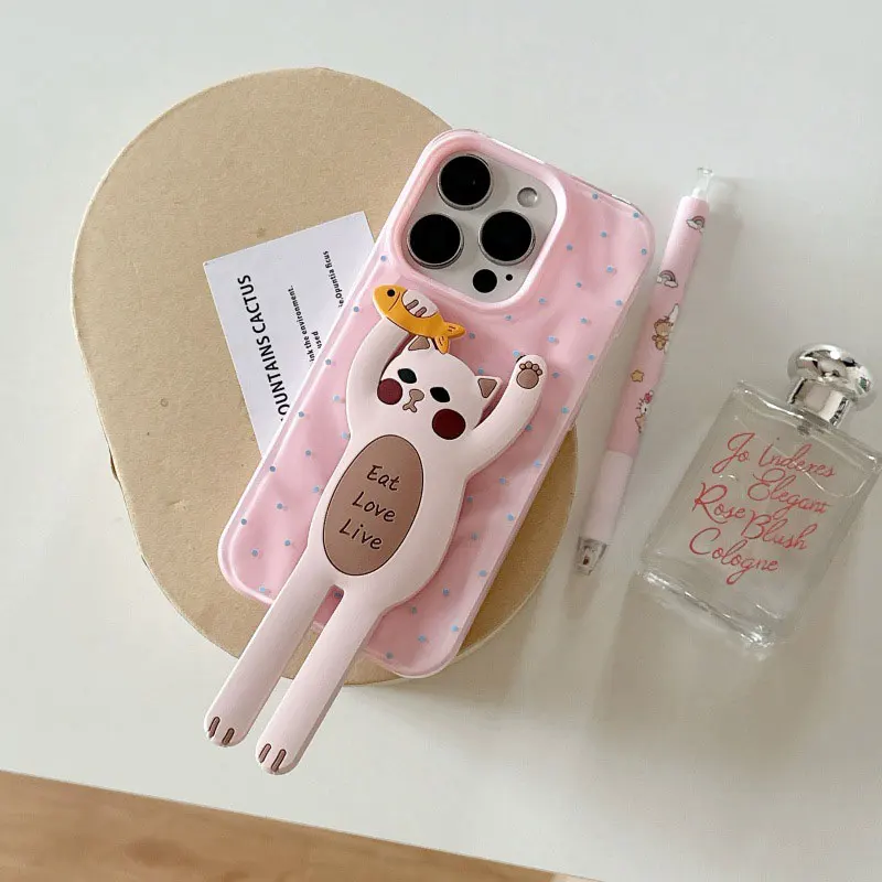 Wrinkle Polka Dot Long Leg Cat Holder Phone Case Bracket For Iphone 16 Pro Max 15 14 13 Phone Case Scratch Resistant Iphone Case
