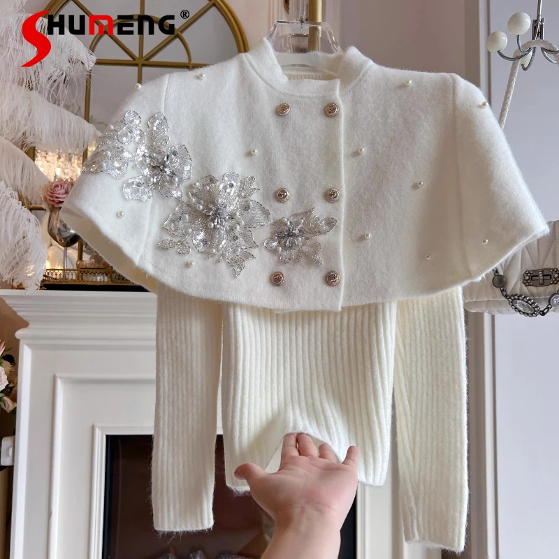 

Women 2025 Autumn Winter New Small Fragrant Rhinestone Shawl Cape Knitted Sweater Socialite Elegant Versatile Chic Sweater 2pcs