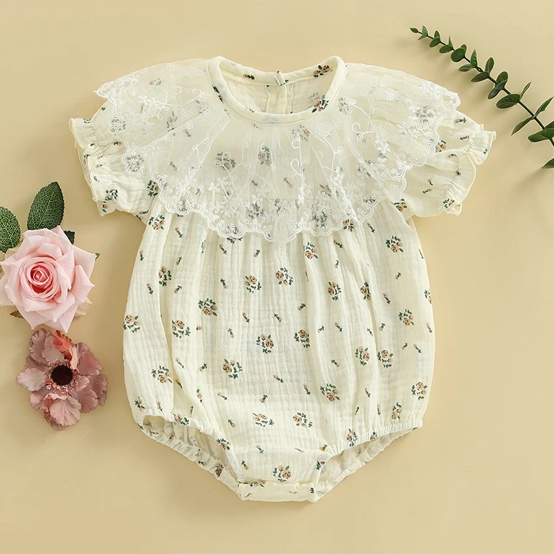 

BeQeuewll Soft Cotton Baby Girl Summer Clothes Sweet Loose Floral Lace Ruffled Trim Romper Bubble Short Sleeve Infant Jumpsuit