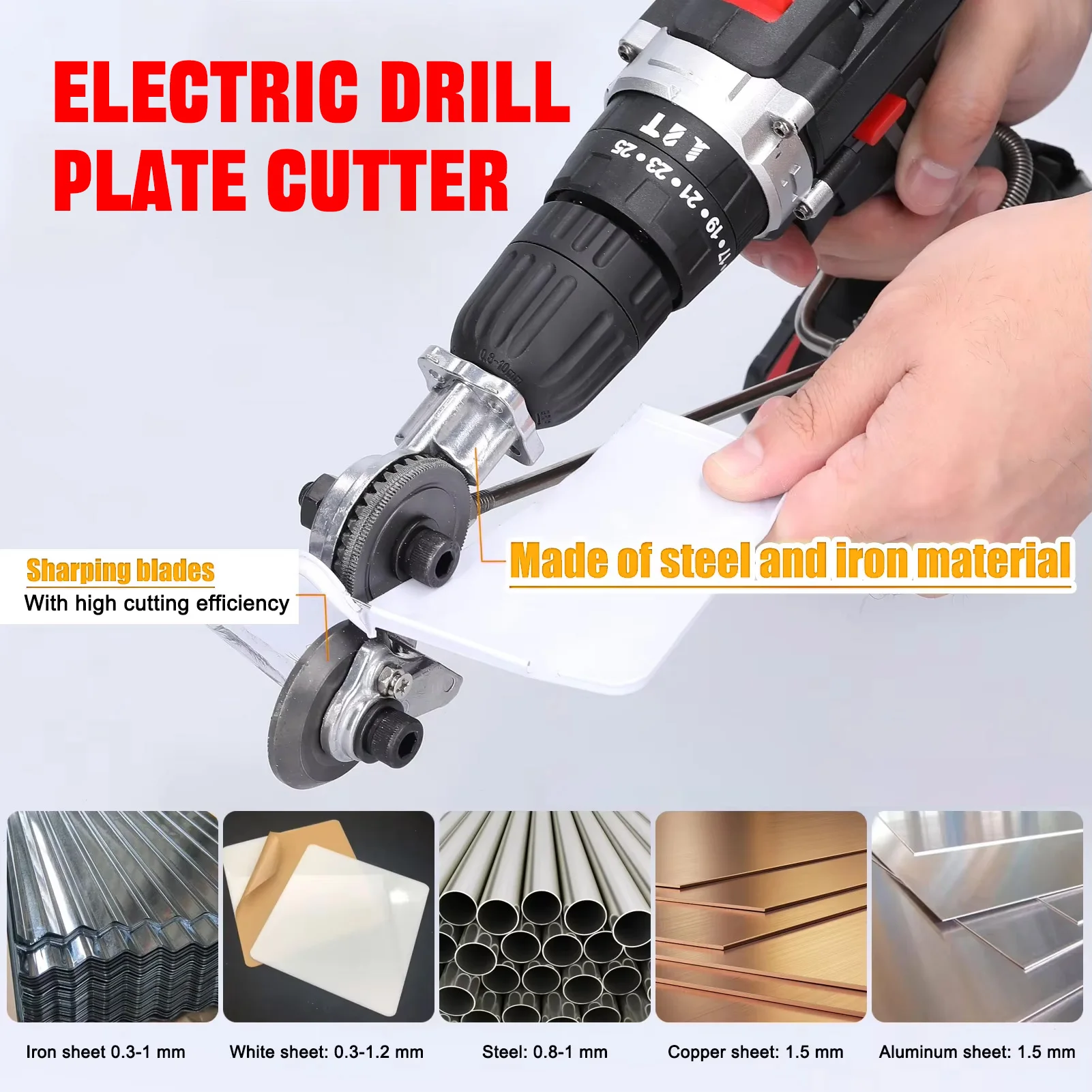 

Upgraded Electric Drill Metal Cutter - Dual-Head Nibbler for Sheet Iron, Aluminum&Steel Plate Cutting | Cutter fixator Included