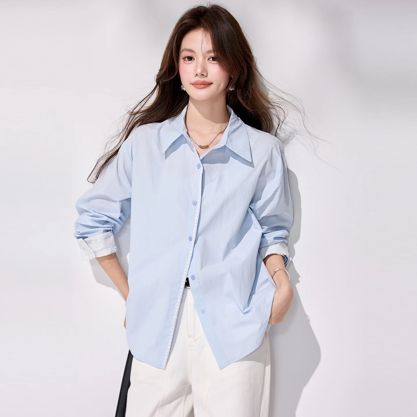 

2026 Spring New Style Simple and Casual Long-Sleeve Shirt, Polo Neck, Blue, Simple Outerwear Shirt, Cardigan Top