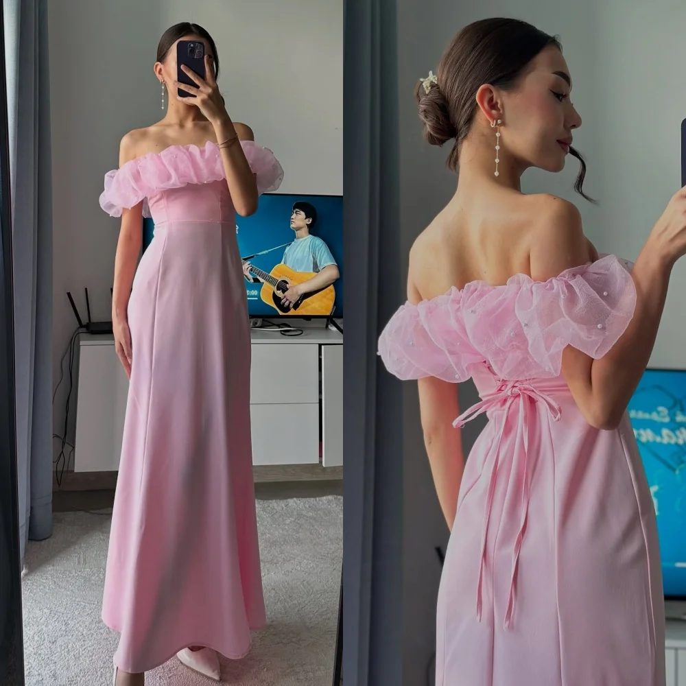 

Customized Sexy Classic Jersey Pleat Ruched Pearl A-line Off-the-shoulder Long Dresses Bespoke Occasion Dresses Sizes Available