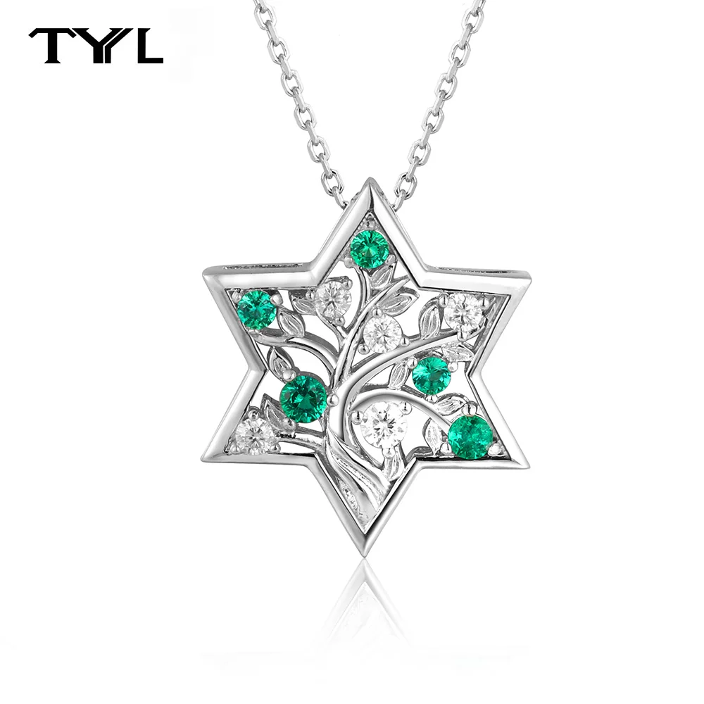 TYYL Hexagram Emerald Moissanite Tree Pendant Star of David Israel Jewish Necklace Jewelry for Men Women S925 Pure Silver Chain