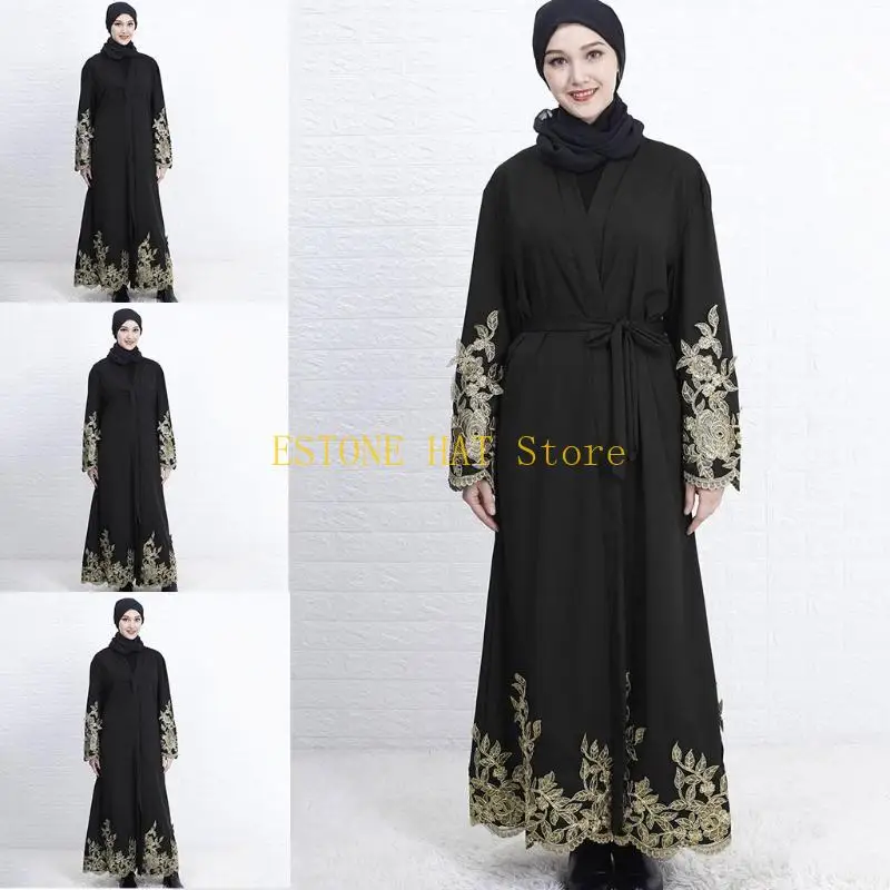 49MF Women Muslim Long Sleeve Maxi Dress Abaya Robe Embroidery Floral Dubai Kaftan