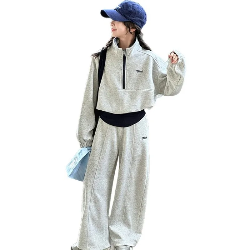 UNITIM Teenager-Mädchen-Zweiteiler-Set, Herbst, Kinder-Mädchen-Stehkragen-Sweatshirt, Trainingsanzug, lockere Sporthose für Kinder, Mädchen – Detail 5
