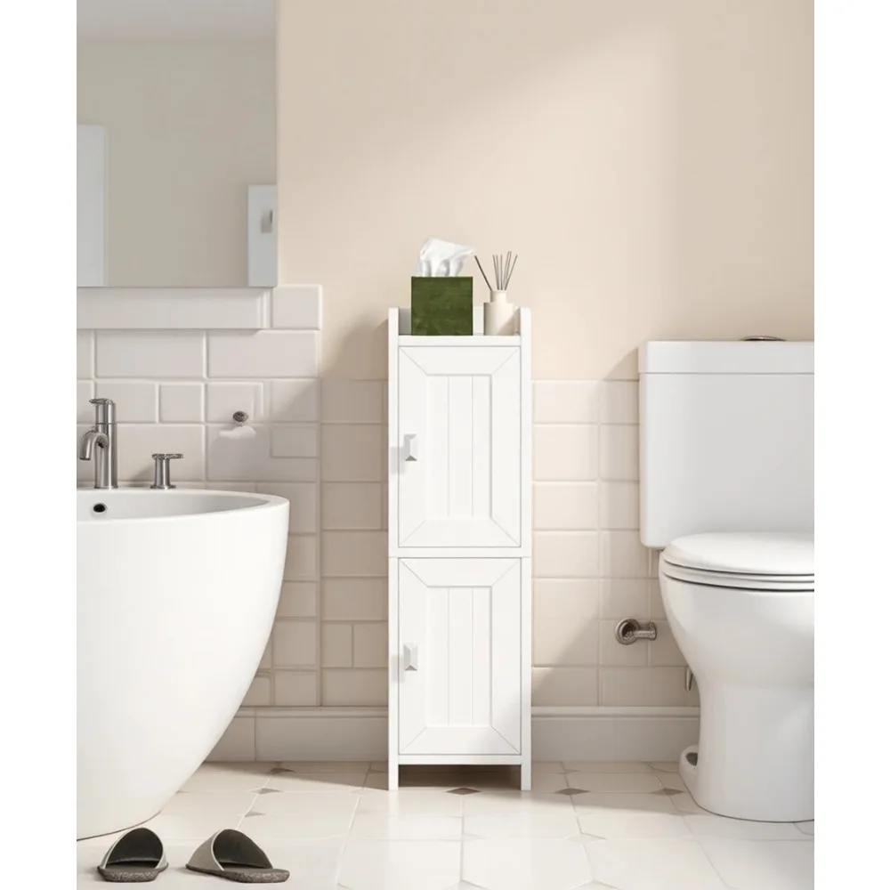 

Узкий шкаф для ванной с 2 дверцами, регулируемой полкой и угловым органайзером для хранения туалетной бумаги, идеально подходит для небольших помещений