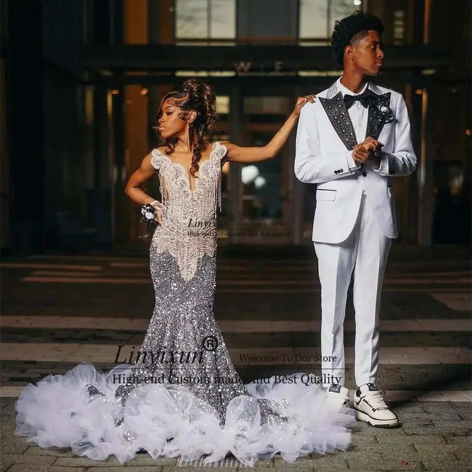 

Sexy Rhinestones Mermaid Prom Dresses For Black Girl Customized Luxury Crystals Diamond Sequin Party Gowns Evening Dresses