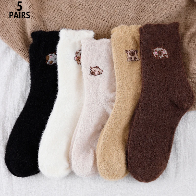 5 Pairs Women Macaron Color Cartoon Pattern Comfortable Thick Fleece‑Lined Warm Mid‑Calf Socks