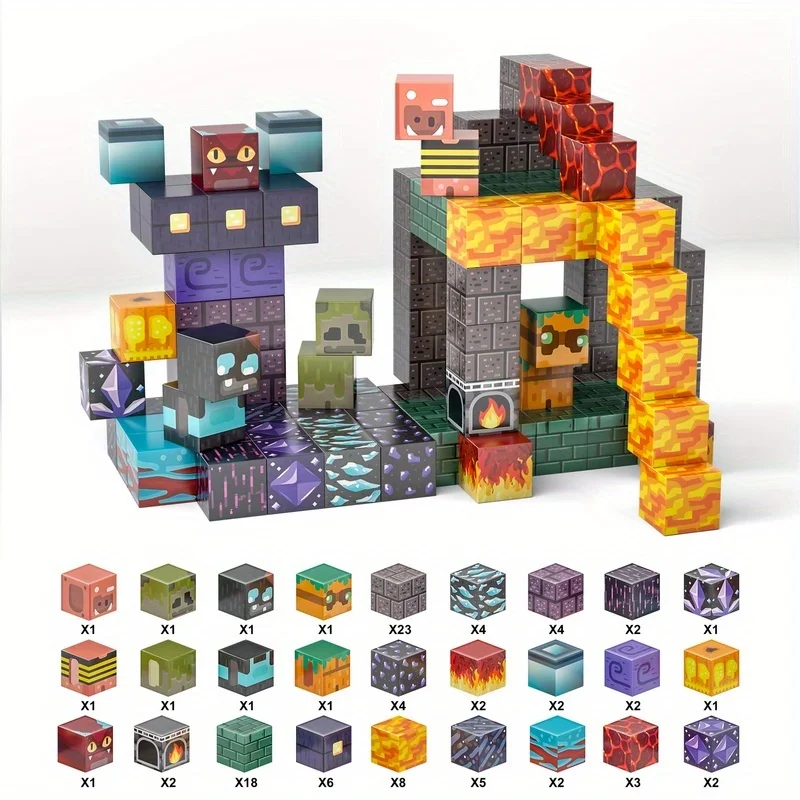 100個入り磁気ビルディングブロック：鉱山ワールドピクセルキューブおもちゃ、stem感覚磁石ブロックセット、子供への最高の誕生日プレゼント