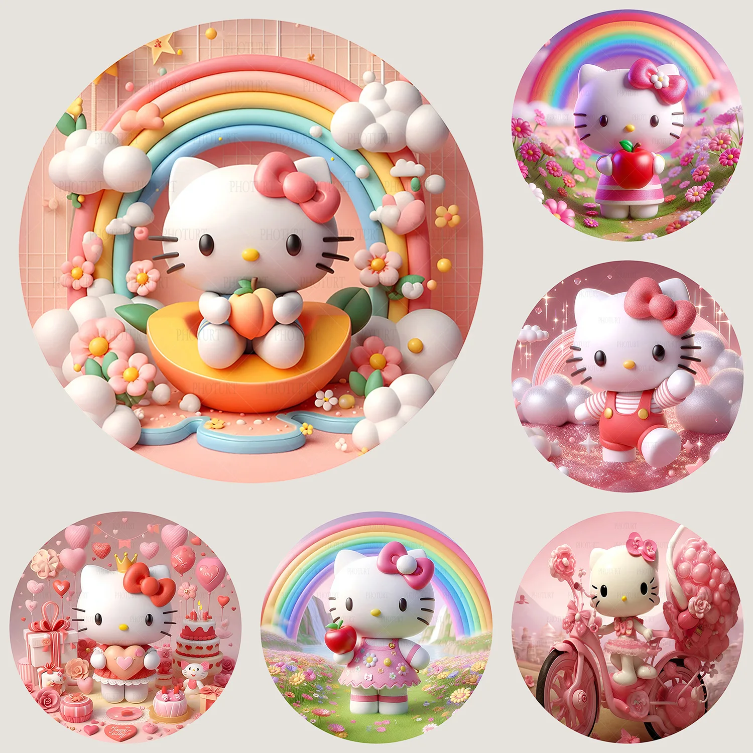 

Round Cute Hello Kitty Backdrop Kids Birthday Circle Background Color Rainbow Vinyl Polyester Photography Decoration Props