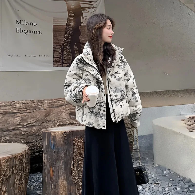 Winter Female Zipper Down Cotton Jacket Women's Thick Warm Parkas National Style Jacquard Padded Coat