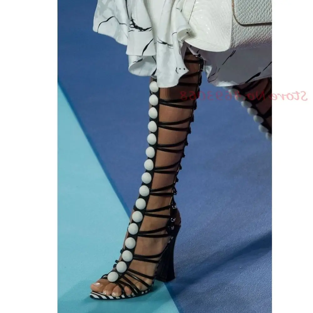 T-strap White Piece Knee High Sandals Women Sexy Puttee Summer Gladiator Sandals Casual Party Chunky Heels Cross-tied Sandals