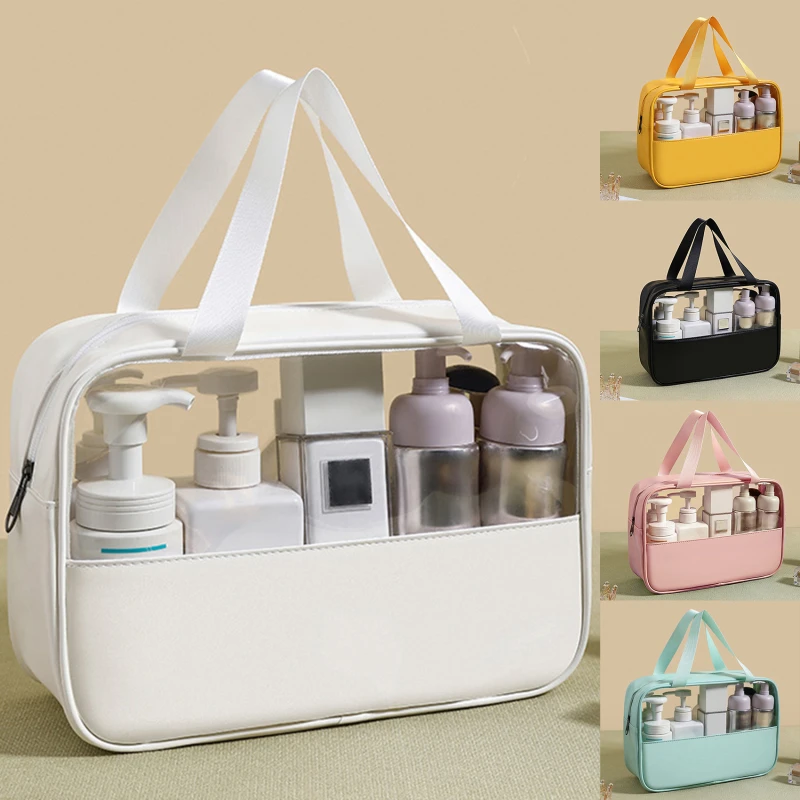 PU Splice Makeup Bag PVC Transparent Waterproof Wash Bag Travel Portable Handbag Large Capacity Bathroom Storage Bag