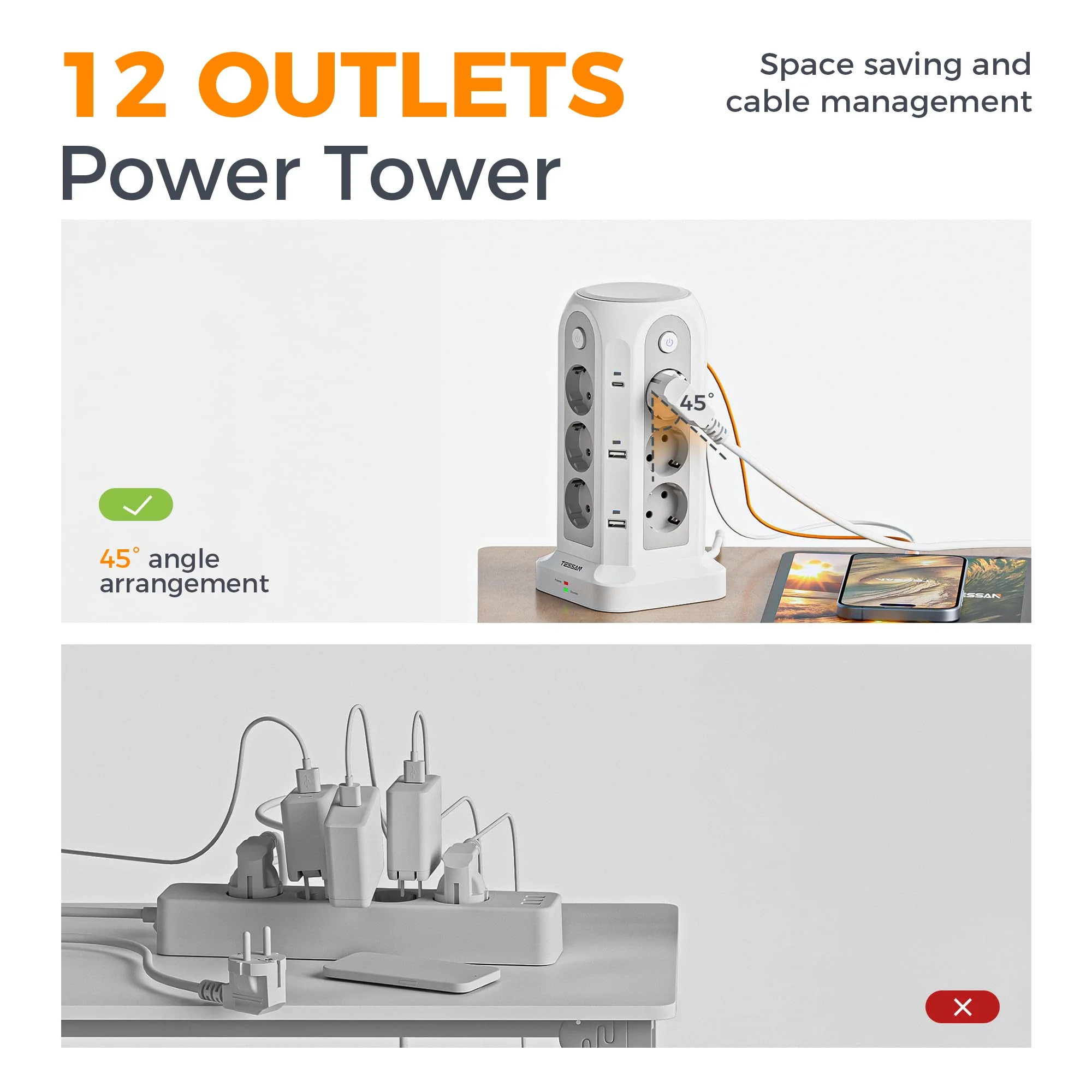 TESSAN Tomada elétrica de proteção contra surtos de torre múltipla com 12 AC 6 USB 4 interruptores únicos 5M 2M cabo de extensão