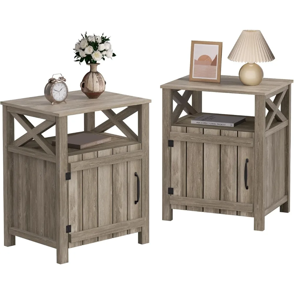 

Farmhouse Nightstand Set of 2, Modern Bedside Table with Barn Door & Shelf, Rustic, End Table for Bedroom, Living Room