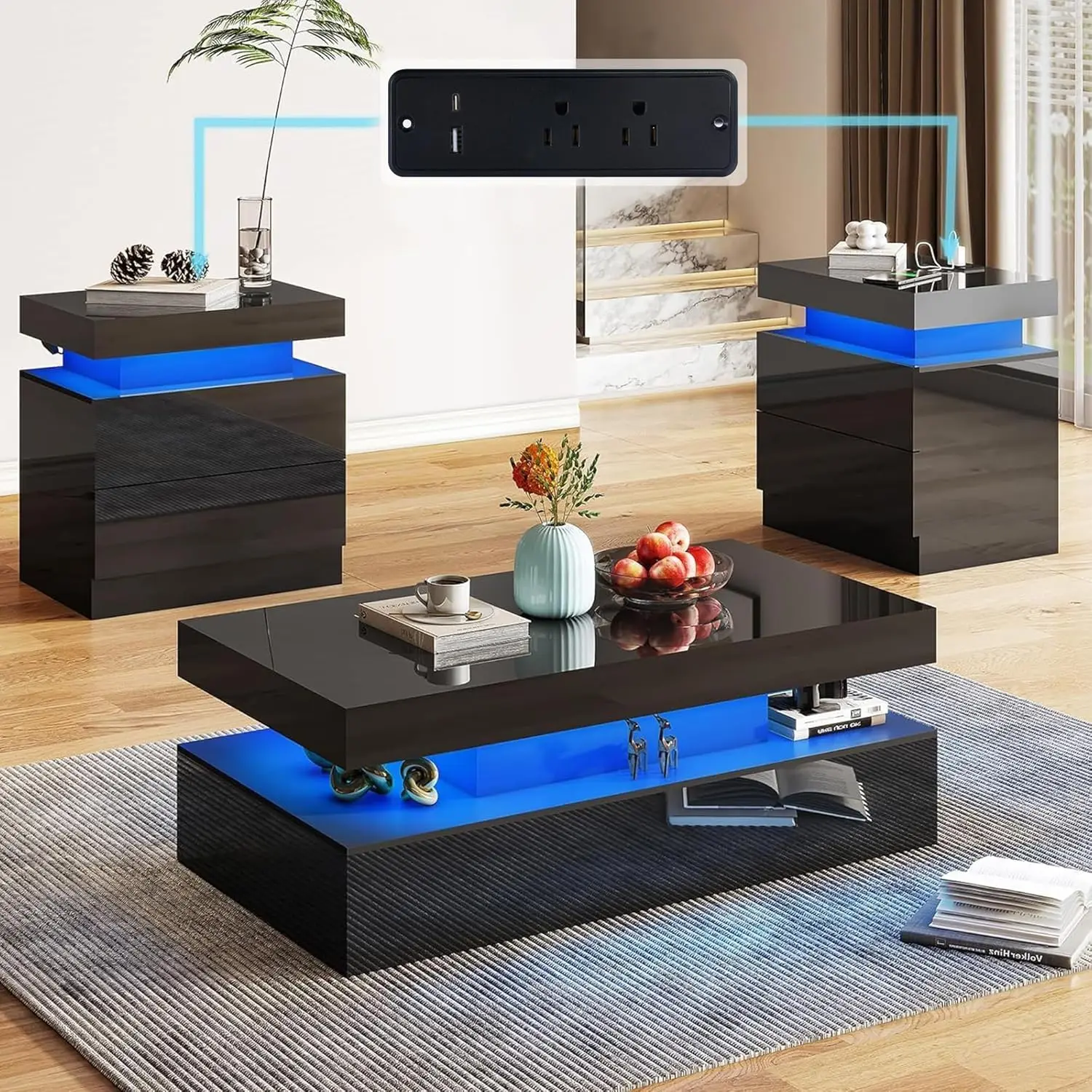 

3-Piece High Gloss Living Room Table Set, Includes Modern LED Coffee Table With 2-Tier Design And 2 Matching Nightstands With Ch