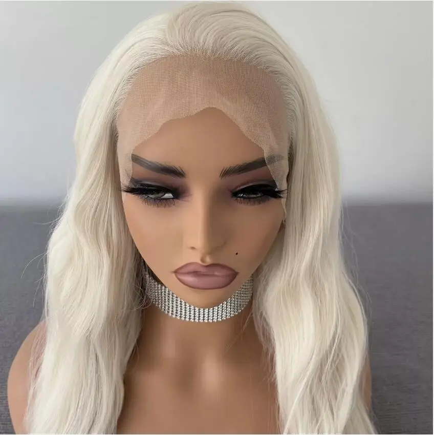 Lace Frontal Wigs Soft Long Wavy Synthetic Hair Platinum blonde