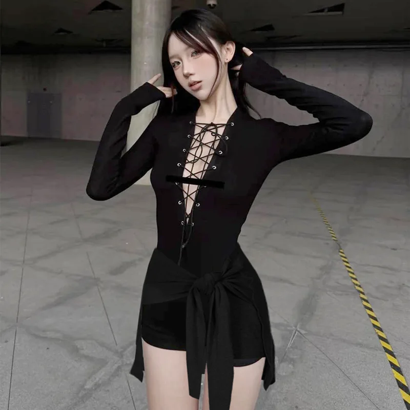 

Hollow Out Grommet Lace Up Casual Playsuits Women Sexy Deep V Neck Full Sleeve Bandage Skirt Rompers Fashion Slim Streetwear