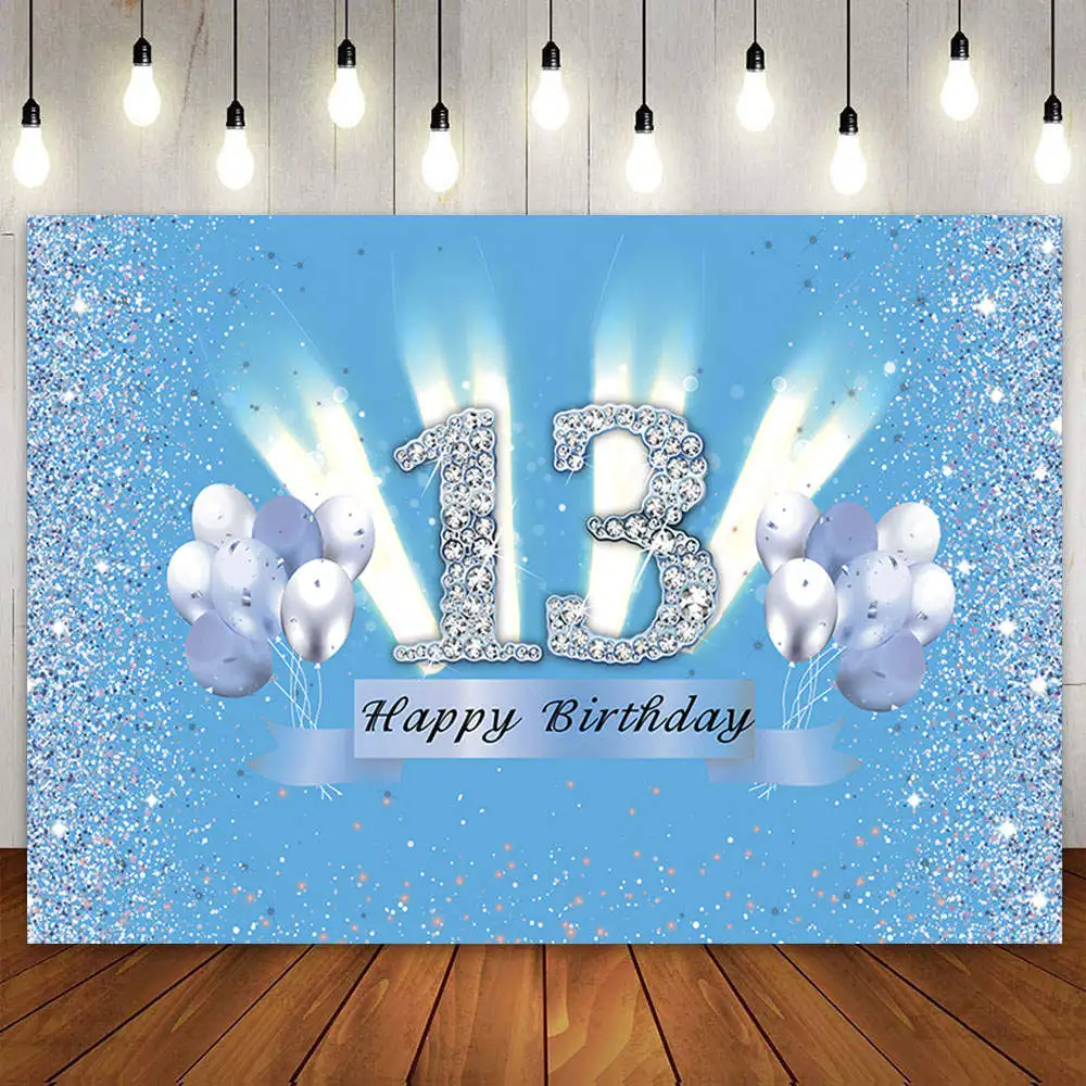 

Happy 13th Birthday Party Decoration Banner Poster Backdrop Blue Photography Background for Boys Girls 13 Years Old Customized