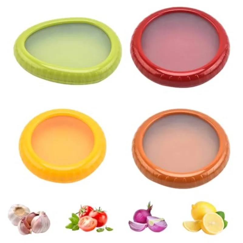 Contenedores con tapa transparente para conservas de frutas y verduras, protectores sellados rojos, verdes, naranjas y amarillos para aguacate, tomate, cebolla, limón