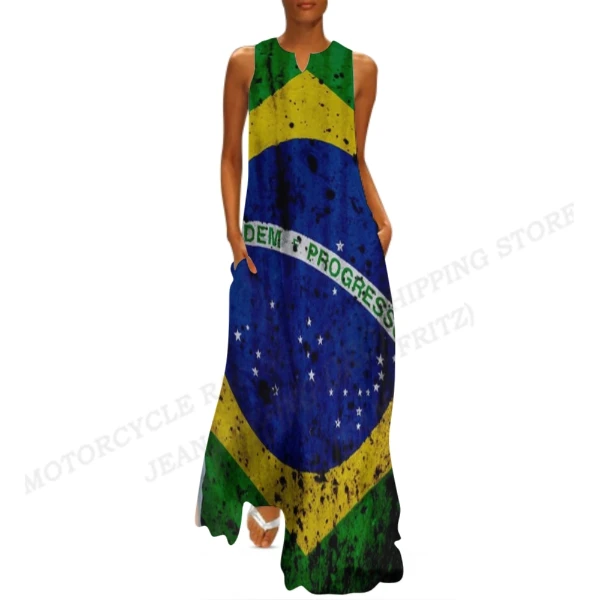 Brazil Flag Dress Women Fashion V-neck Long Dress Party Evening Casual Brasil Women Dresses Elegant Boho Maxi Vestido Beach Robe