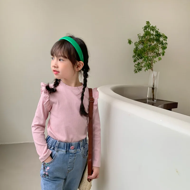 2024 Spring Autumn New 2 3 4 6 8 10 Years Baby Tops Ins Tees Solid Color All Match Flying Long Sleeve T-Shirt For Kids Girls