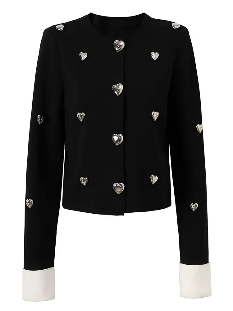 

High-Quality Design Black-White Splice Knitted Cardigan Heart Button Single-Row Button Lightning Heart Decoration for Autumn