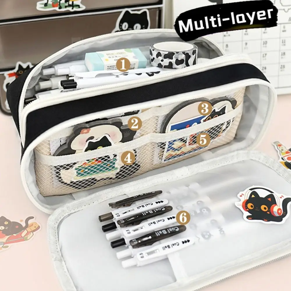 Black Cat Pen Bag Multi-layer Drawstring Design Pencil Case Partition Storage Large Capacity Stationery Organizer Back To School