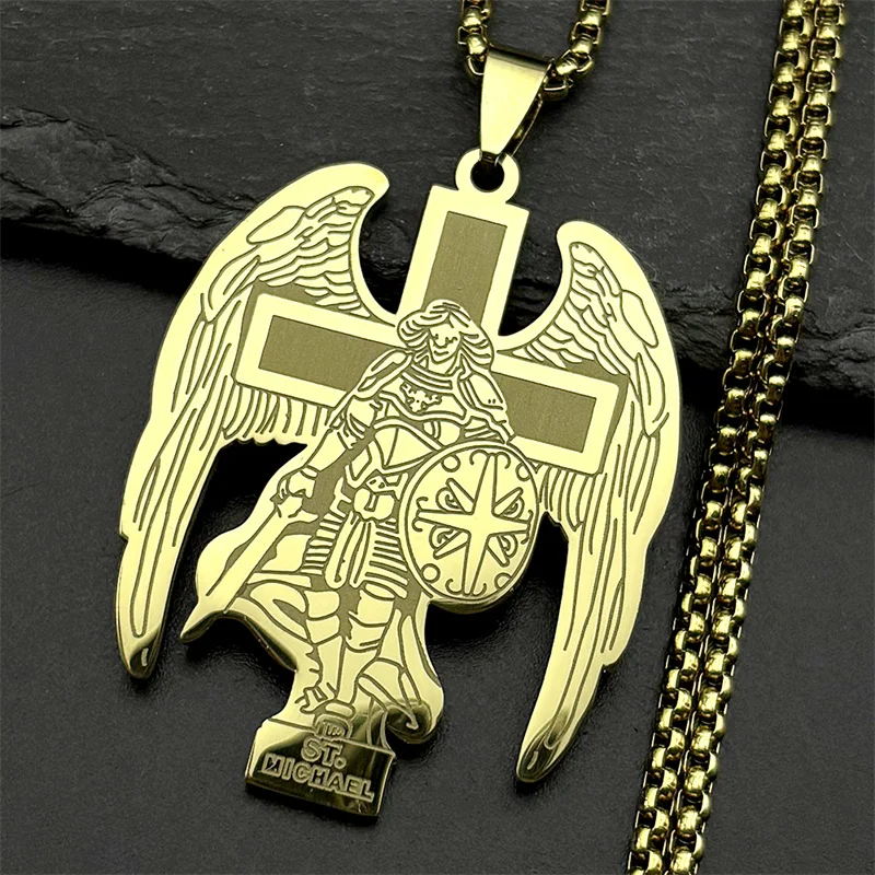 Arcange St. Michael protègent nous croix pendentif collier pour femmes hommes en acier inoxydable couleur or Saint Michael chaîne bijoux