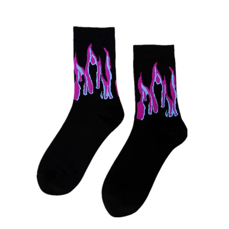 2 Pairs European And Purple Flame Tube Cotton Socks Male Japanese Couples Skateboard Socks Street