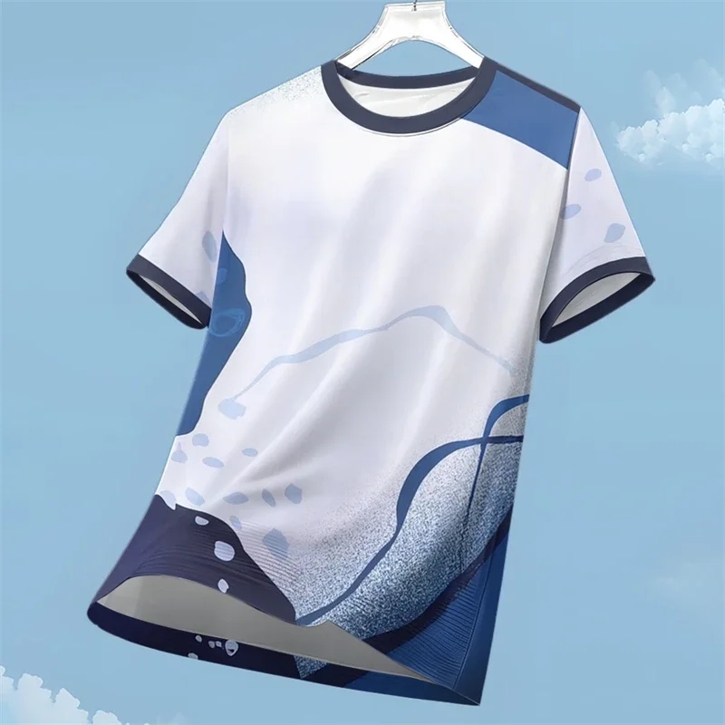 Fashion Men's 3D Abstract Ink Art Print T-shirt Blue White Splice Summer Casual Crew Neck Short Sleeve Breathable Men Clothes