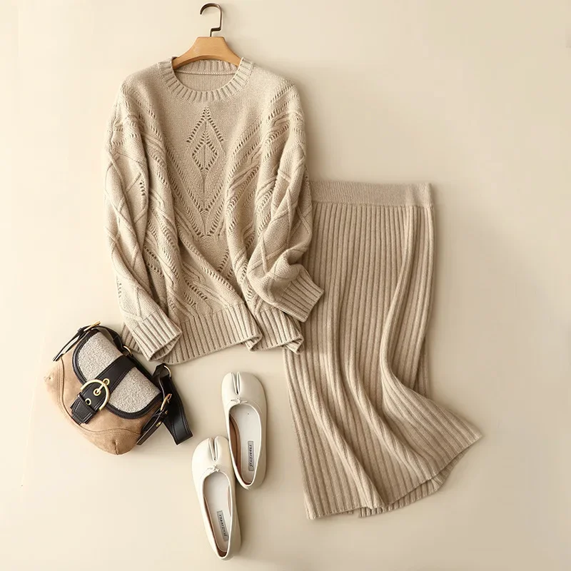 new autumn winter luxury 100% cashmere set women loose pullovers ladies softness jacquard thick oversized jumper chic skirt