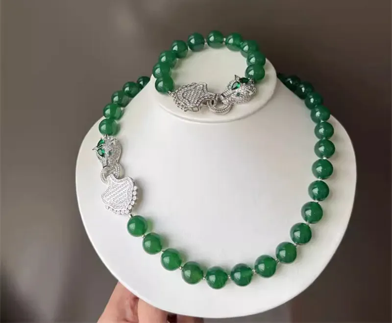 

1set green Agate round 12mm necklace bracelet 45cm/18cm Leopard green zircon clap