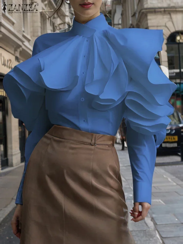 ZANZEA 2025 Fashion Vintage Solid Office Blouse Women Ruffled Street Shirts Spring Long Sleeve Tops Casual Loose Buttons Tunics