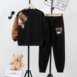 Boys' Fashionable Street Cool Bear Print Round Neck Versatile Sweatshirt Long-Sleeved Casual Pants Two-Piece Suit