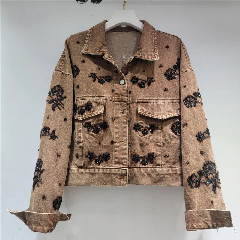 

Винтажная вышивка контрастного цвета с лацканами в стиле пэчворк, женская джинсовая куртка, весенняя повседневная джинсовая куртка с несколькими карманами и длинными рукавами