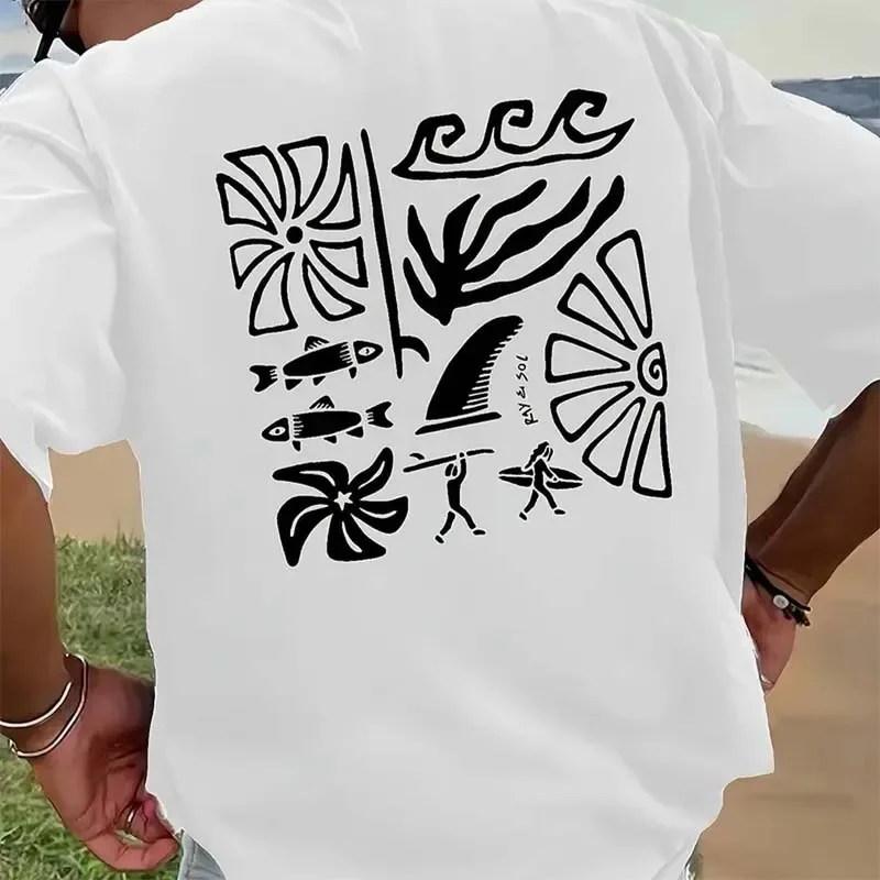 Funny Surf Pattern Print T-shirts for Men Summer Casual Fashion High Street Y2K Tops Vintage Crew Neck Short Sleeve Cotton Tees