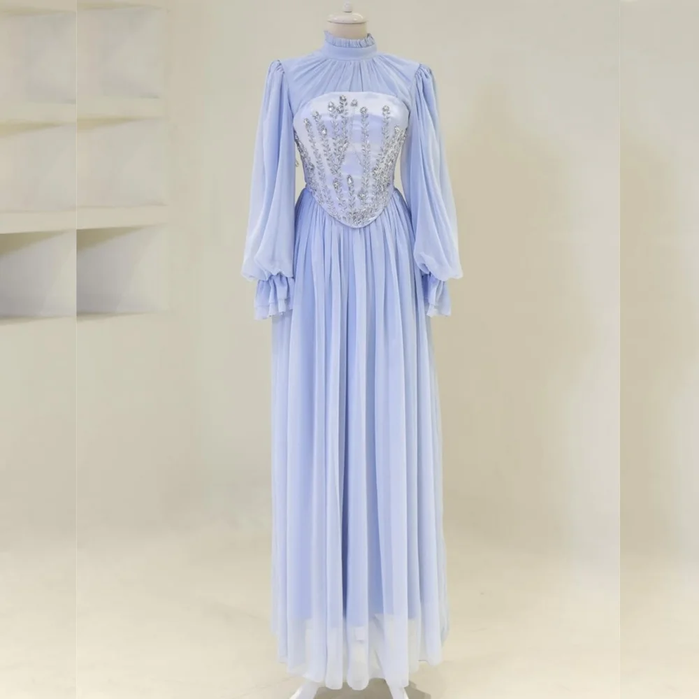 

Customized Intricate Matching Chiffon Sequined Pleat A-line High Collar Long Dresses Bespoke Occasion Simple