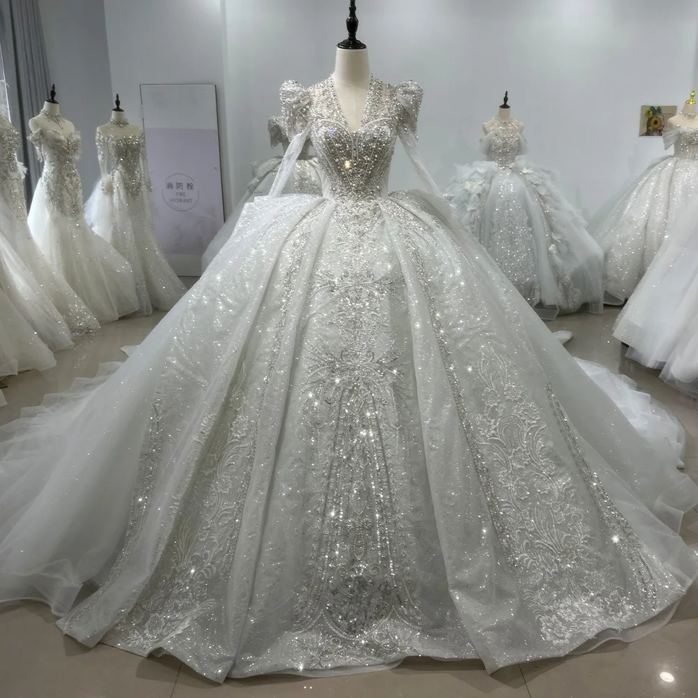 Surprise Price Wedding Dress Ball Gown With Beading Elegan Full Sleeve Wedding Gowns Crystal Lace Up White Vestido De Noiva