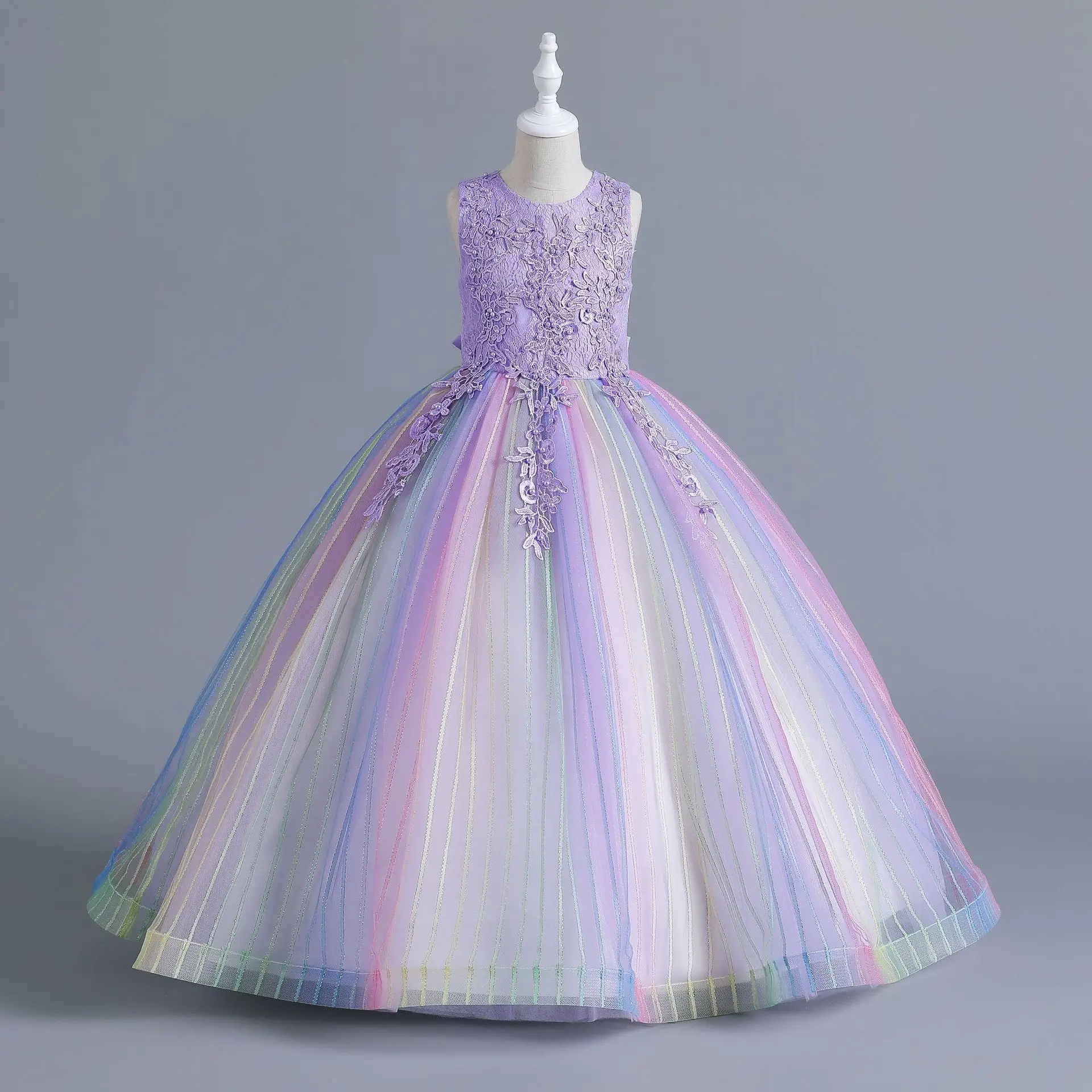 HETISO Rainbow Tulle Long Evening Dress Champagne Lace Kids Pageant Gown for Girls Sizes 10 12 14 Years Wedding Party Dress