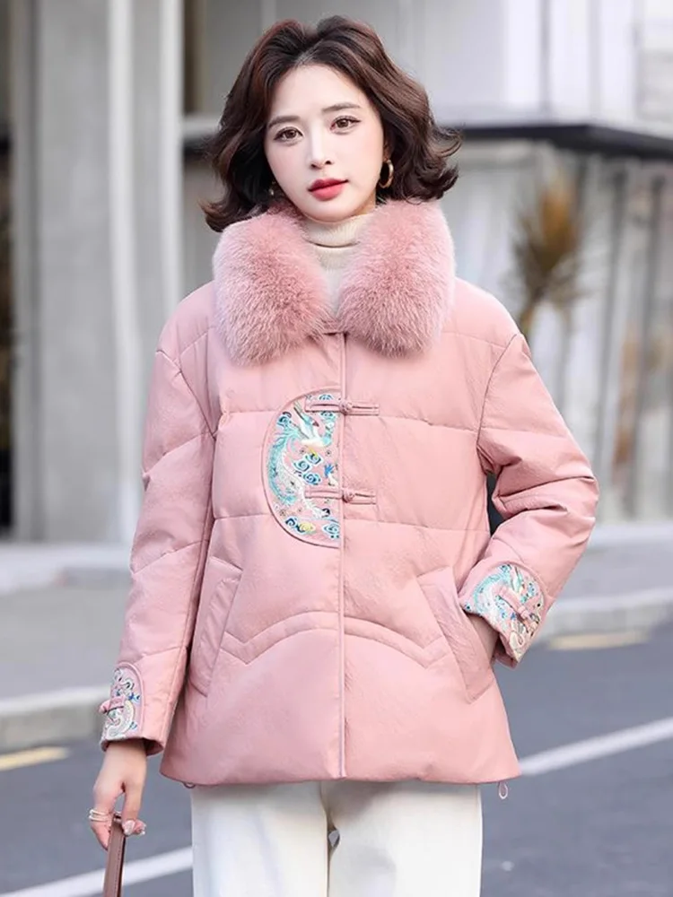New Women Autumn Winter Chinese Style Leather Down Jacket Fashion Fox Fur Collar Frog Loose Down Jacket Casual Thick Warm Coat