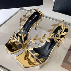 Fashion Square Toe Pvc Leaf Design High Heel Sandals Women Sexy Open Toe Thin High Heels 2025 Summer Ankle-Wrap Women Pumps
