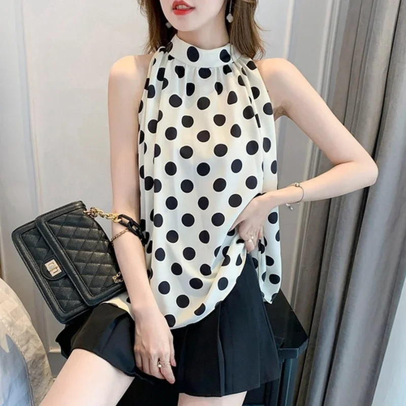 2024 Summer Casual Vintage Chiffon Shirt Women Fashion Polka Dot Loose Women\'s Blouse Casual Sleeveless Tops Blusas 14923