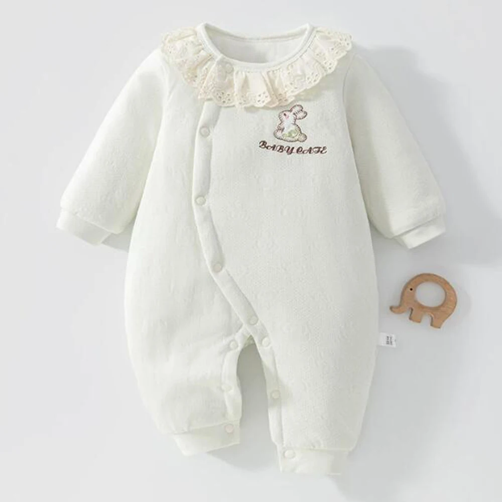Baby Girl Winter Warm Clothes Solid Color Quilted Thicken Newborn Baby Romper Lace Collar Princess Infanf Jumpsuit