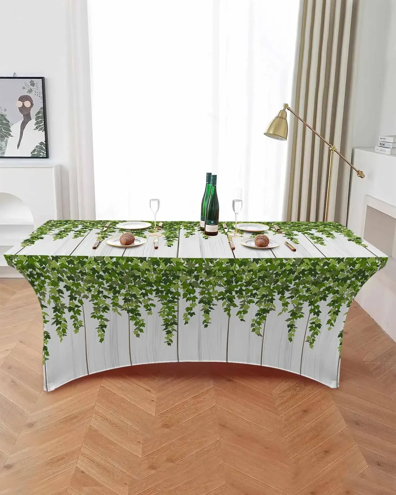 Spring Plant Leaves Rattan Wood Grain Rectangular Elastic Table Skirt Wedding Table Cover Kitchen Dining Table Tablecloth